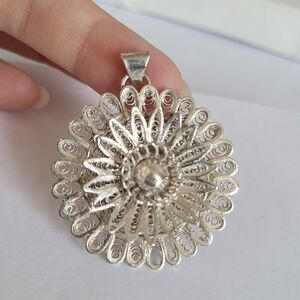 Vintage Victorian Revival Sterling Silver Flower Filigree Canetille Pendant